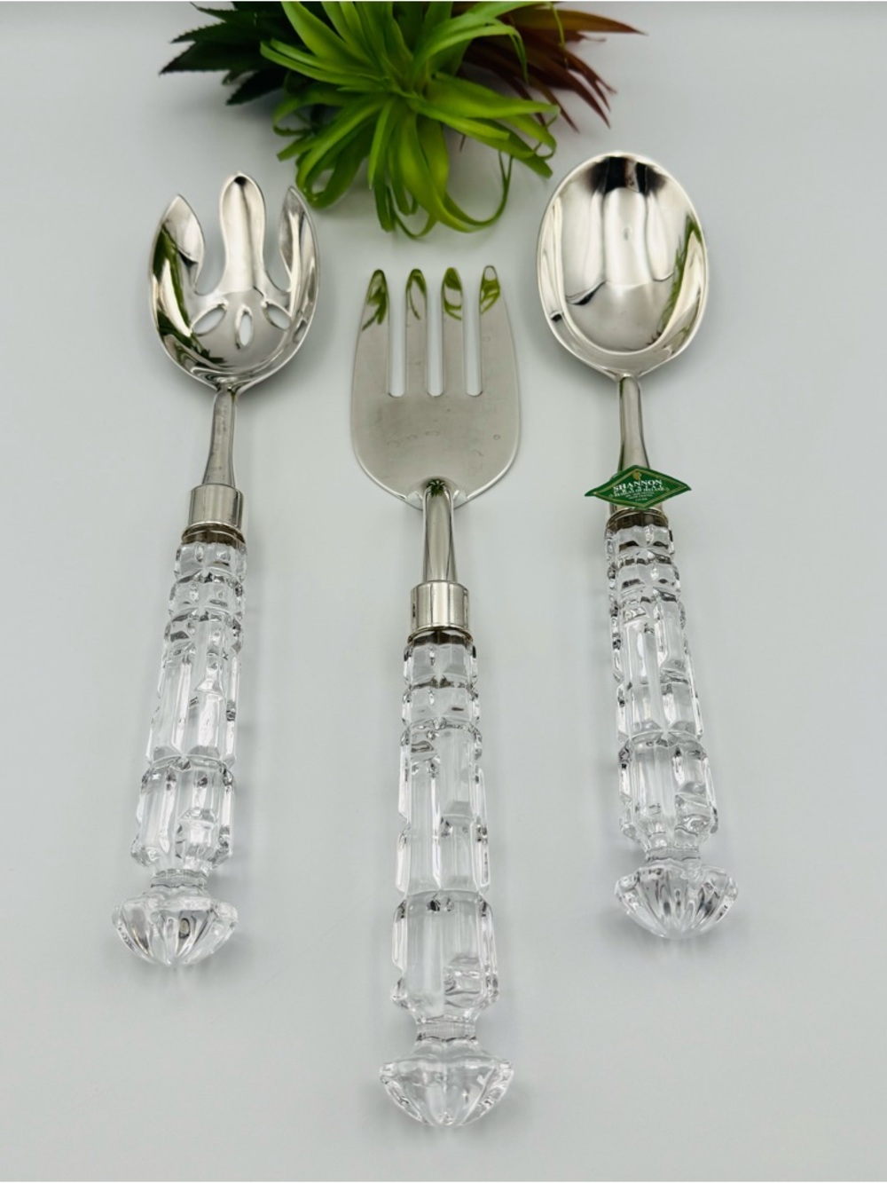 Crystal-Handled Silver Salad Serving Set - Clear